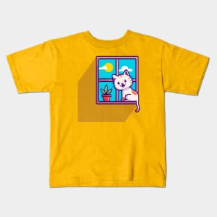 Cute Cat Sitting On Window Cartoon Kids T-Shirt